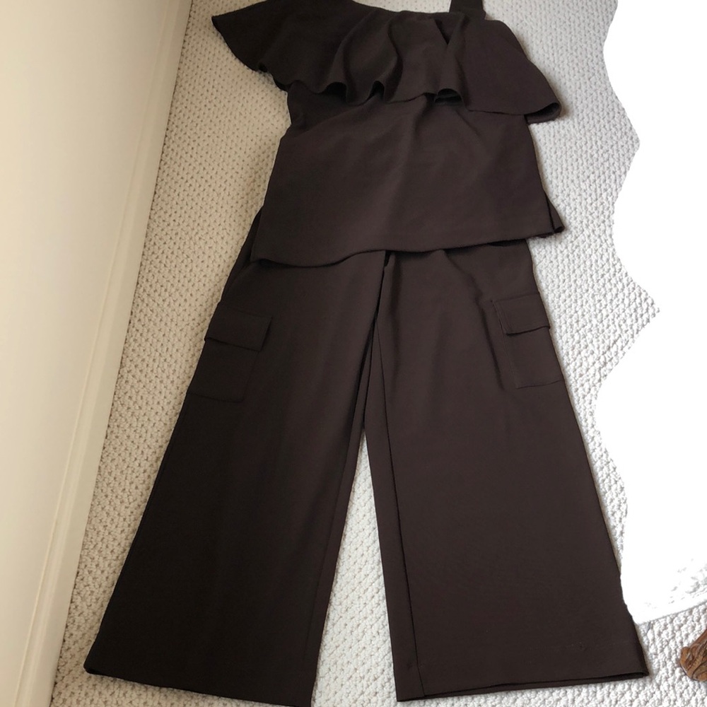 Boston Proper Brown Wide Leg Jumpsuit with pockets and a  with ruffled  Top